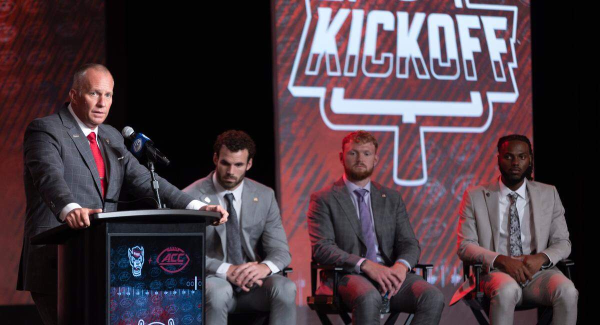 N.C. State coach Dave Doeren addresses the media during the 2023 ACC Kickoff on Thursday, July 21, 2023 at the Westin Hotel in Charlotte, N.C.
