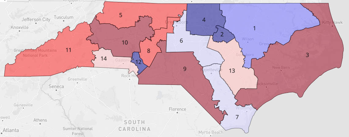 A map showing the hypothetical partisan lean of the 14 U.S. House of Representatives seats in a map proposed by the North Carolina General Assembly in the 2022 gerrymandering lawsuit, based on data from the website Dave’s Redistricting App.