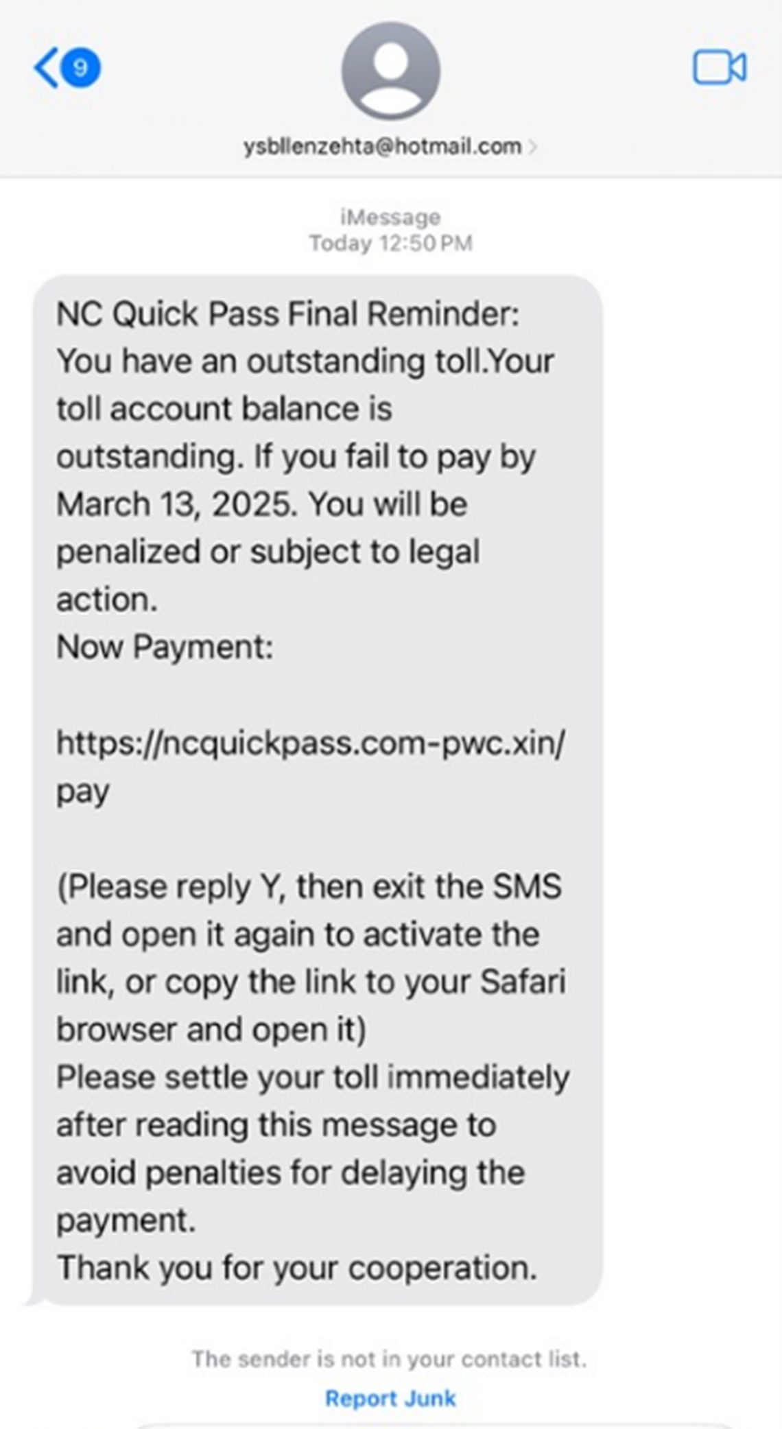 An example of a scam text message telling people they have unpaid highway tolls.