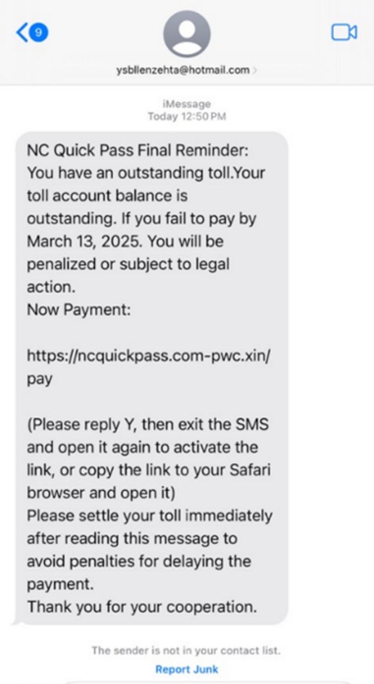 An example of a scam text message telling people they have unpaid highway tolls.