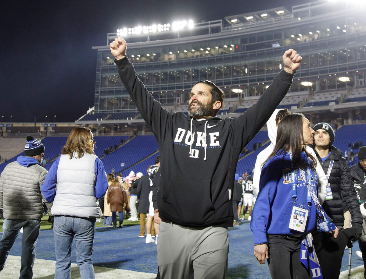 Duke head coach Manny Diaz walks off the field following the Blue Devils’ 49-32 win over Wake Forest on Saturday, Nov. 29, 2025, at Wallace Wade Stadium in Durham, N.C.