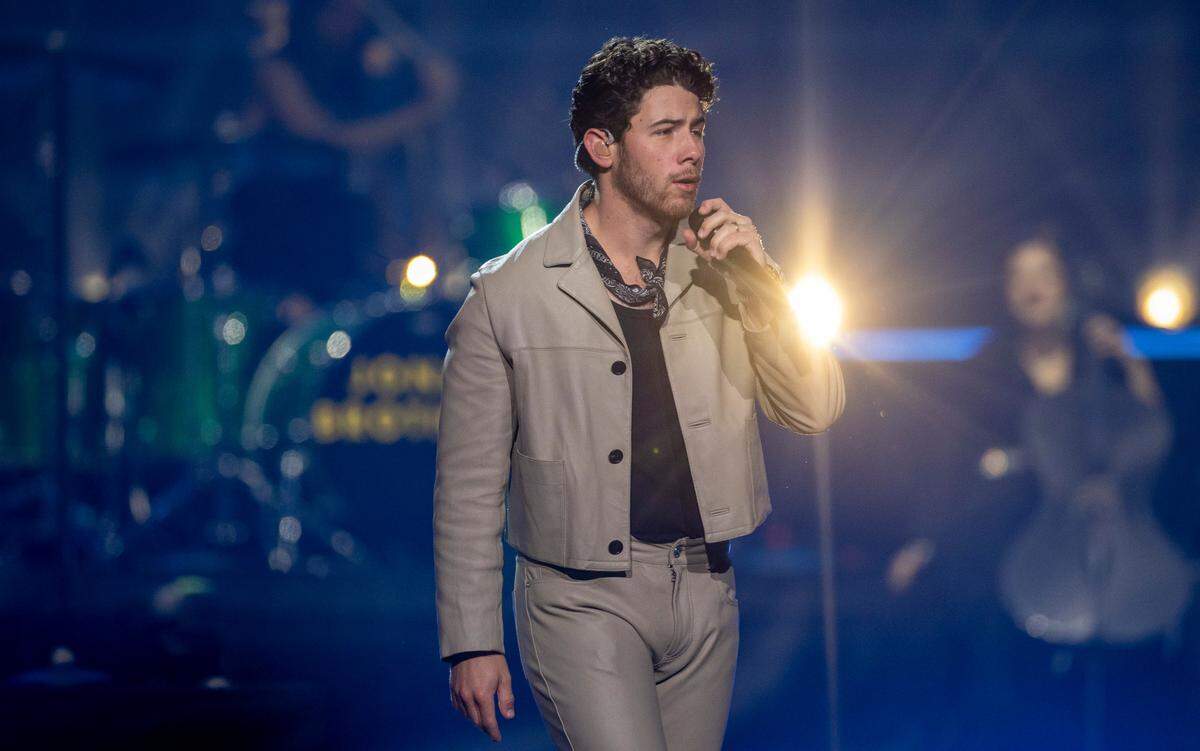 Nick Jonas sings during their “Five Albums, One Night” tour stop at the PNC Arena on Thursday, September 28, 2023 in Raleigh, N.C.