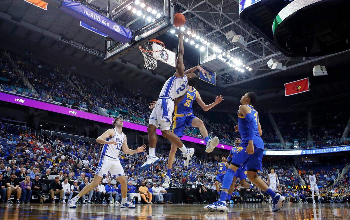 Duke’s Jaylen Blakes (2) is fouled by Pittsburgh’s Guillermo Diaz Graham (25) during Duke’s 96-69 victory over Pitt in the quarterfinals of the ACC Men’s Basketball Tournament in Greensboro, N.C., Thursday, March 9, 2023.