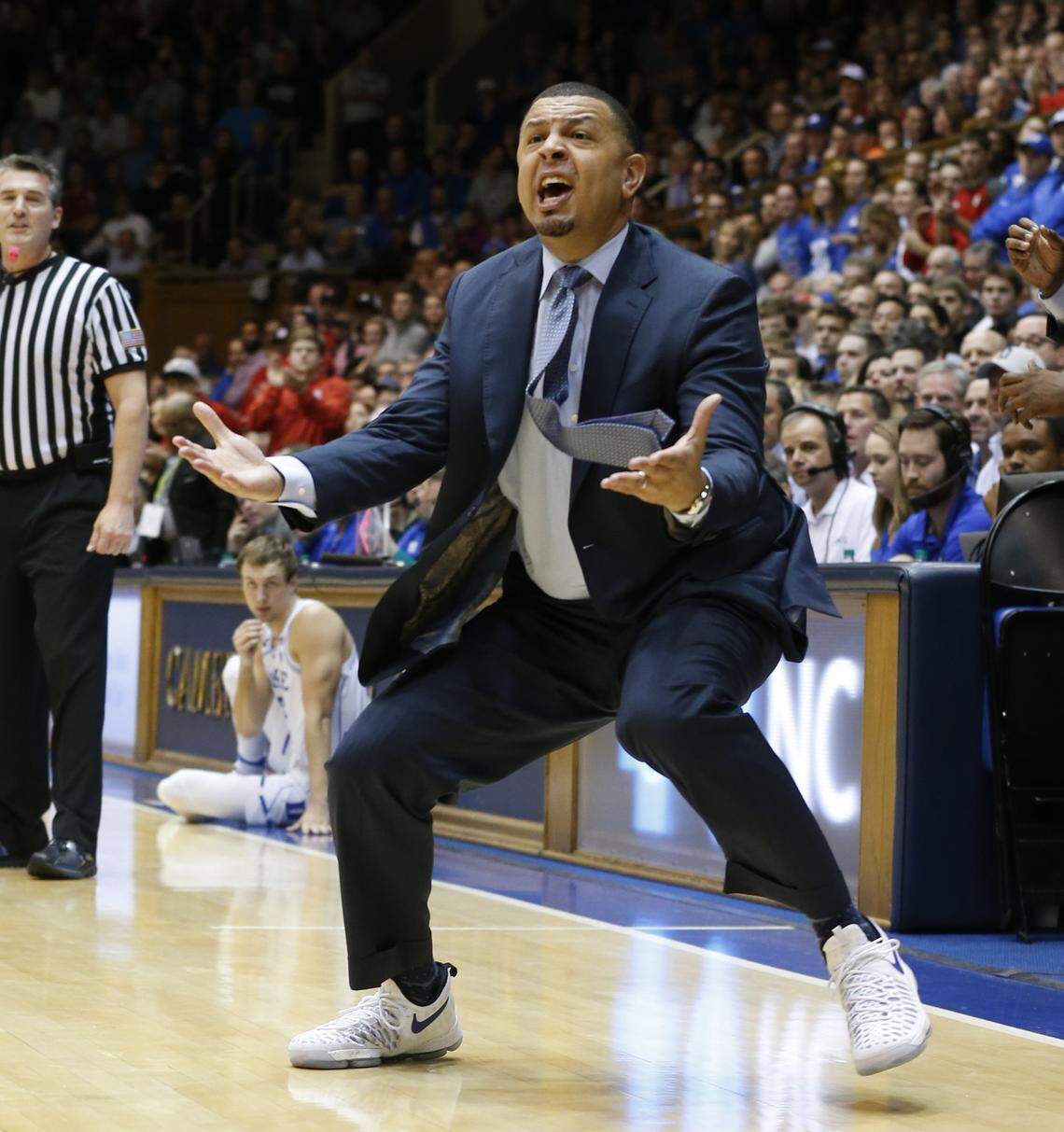 Duke acting head coach Jeff Capel disputes a call during the first half of N.C. State's game against Duke at Cameron Indoor Stadium in Durham, N.C., Monday, Jan. 23, 2017.