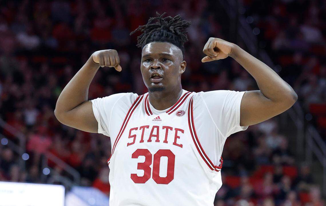 N.C. State’s D.J. Burns Jr. (30) celebrates after making a basket during the first half of N.C. State’s game against Wake Forest at PNC Arena in Raleigh, N.C., Wednesday, Feb. 22, 2023.