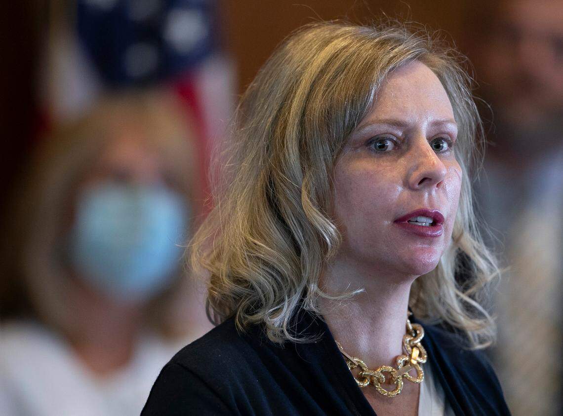 Tara Dean, a Wake County parent of two special-needs children, said that remote learning was failing her children during a press conference at the General Assembly on Wednesday, September 16, 2020 in Raleigh, N.C.