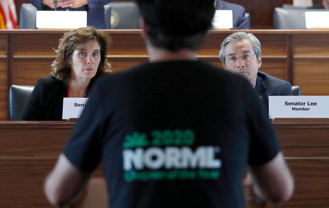 Sen. Natasha Marcus, left, and Sen. Michael Lee listen as Chris Suttle speaks about medical marijuana during a Senate Judiciary hearing in Raleigh on June 30. In a near unanimous vote, medical marijuana cleared its first legislative hurdle during the committee hearing.