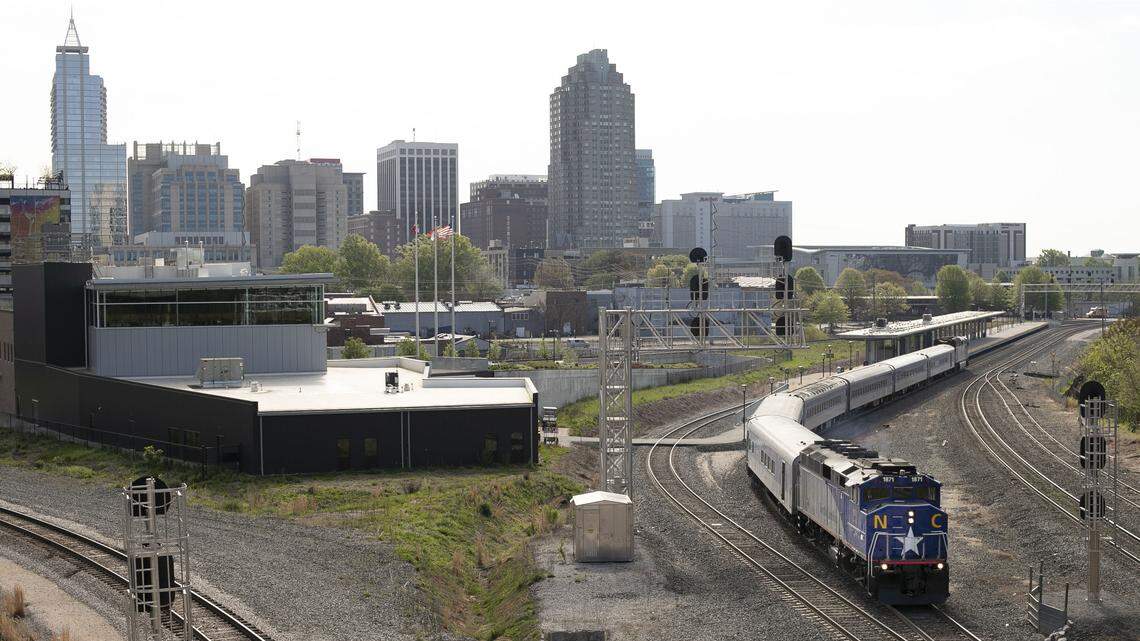 Train 75, the Piedmont, leaves Raleigh Union Station for Charlotte on the morning of April 6, 2020. Starting June 7, the Piedmont will make three round trips a day between the two cities for the first time since the COVID-19 pandemic curtailed service.