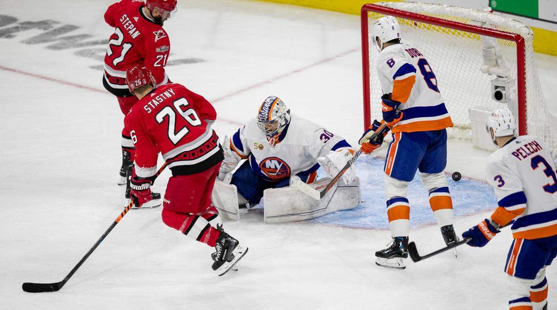 The Carolina Hurricanes Paul Stastny (26) scores on New York Islanders goalie Ilya Sorokin (30) in the second period during Game 5 of their Stanley Cup series on Tuesday, April 25, 2023 at PNC Arena in Raleigh, N.C