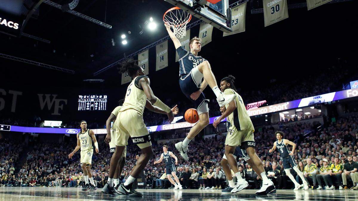 Duke’s Cooper Flagg (2) celebrates after slamming in two in the second half during Duke’s 63-56 victory over Wake Forest at LJVM Coliseum in Winston-Salem, N.C., Saturday, Jan. 25, 2025.