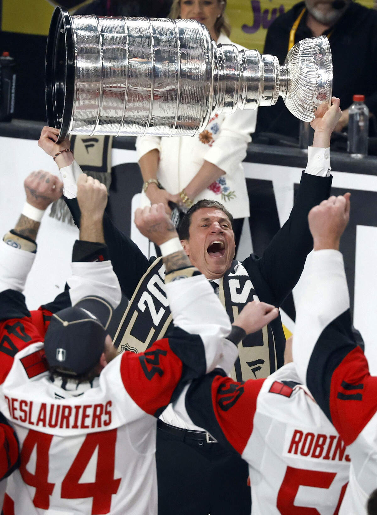 Canes coach Rod Brind'Amour raises the Cup after the HurricanesÕ 3-0 victory over the Vegas Golden Knights to win the Stanley Cup at T-Mobile Arena in Las Vegas, Nev., Sunday, June 14, 2026.
