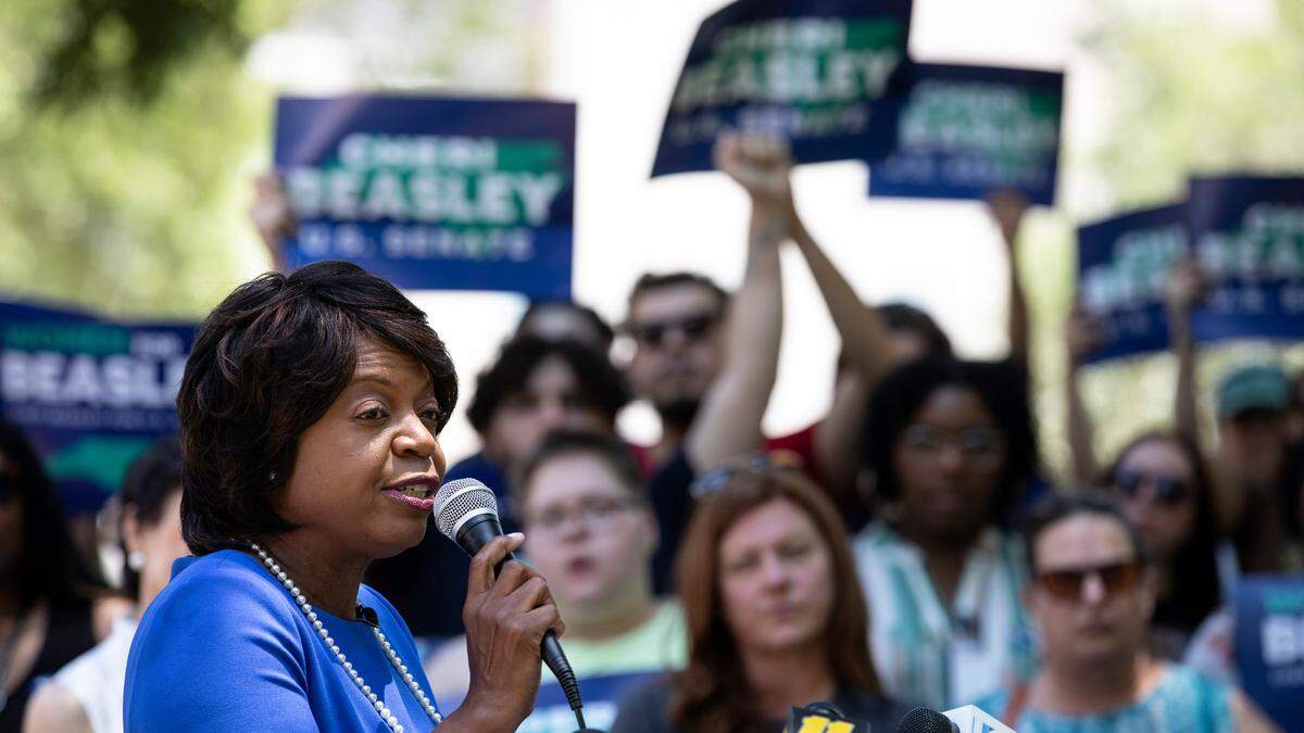 Cheri Beasley, Democratic candidate for U.S. Senate, speaks during a press conference in response to the U.S. Supreme Court’s vote to overturn Roe v. Wade on Friday, June 24, 2022, in Raleigh, N.C.