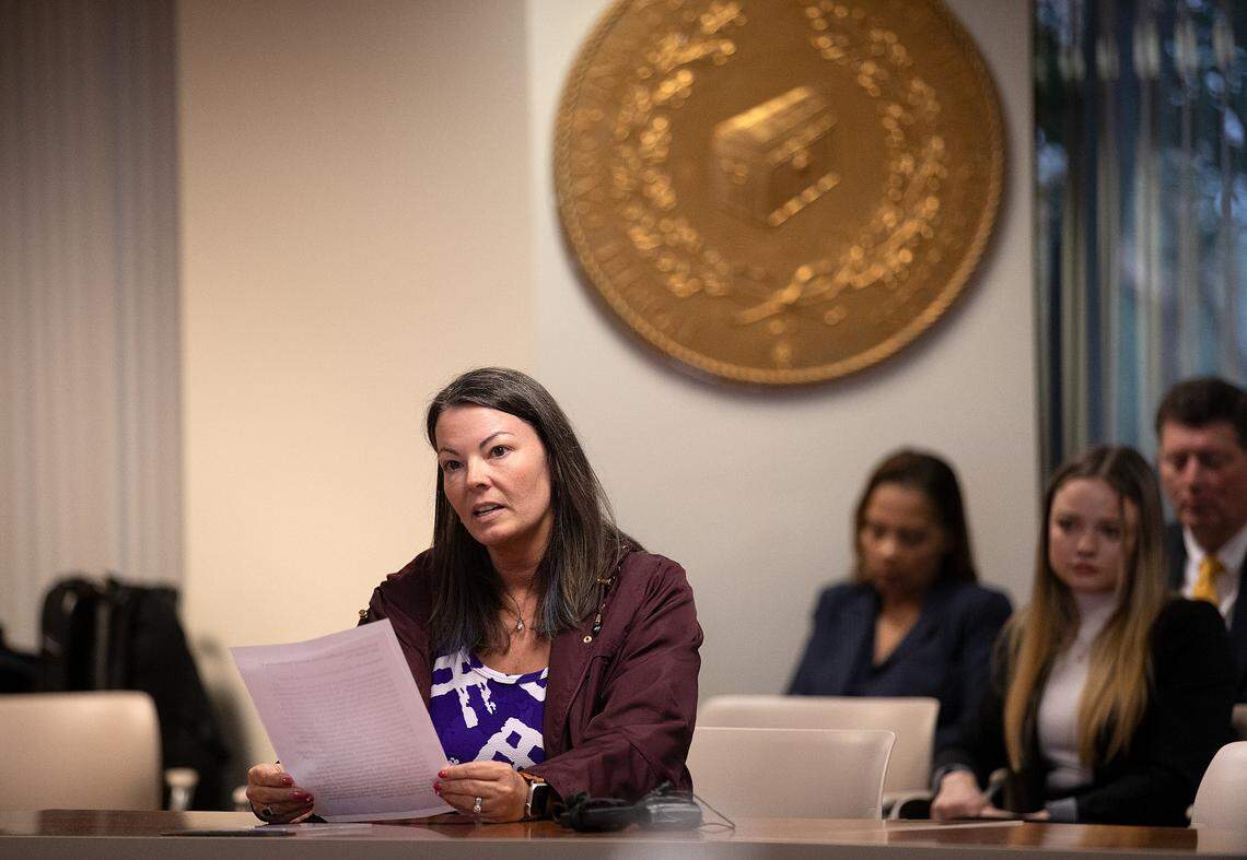 Meghan Ray talks about her experience with Wegovy during a meeting of the NC State Health Plan’s board of trustees on Thursday, Jan. 25, 2024, in Raleigh, N.C. The board voted to end all plan coverage of weight loss drugs beginning April 1.