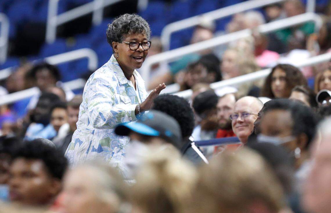 Que Tucker, North Carolina High School Athletic Association’s Commissioner, talks with fans during the men’s basketball All-Star game at the Greensboro Coliseum in Greensboro, N.C., Monday, July 19, 2021.