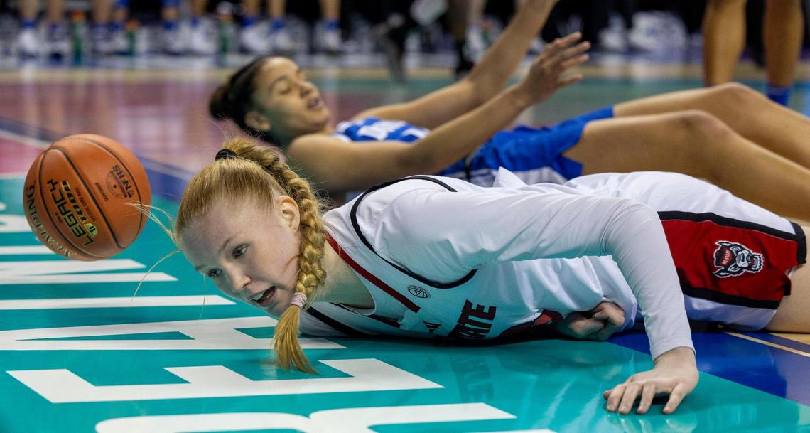 N.C. State’s Tilda Trygger (18) hits the court after a collision with Duke’s Delaney Thomas (12) in the second quarter during the ACC Championship on Sunday, March 9, 2025 in Greensboro, N.C.