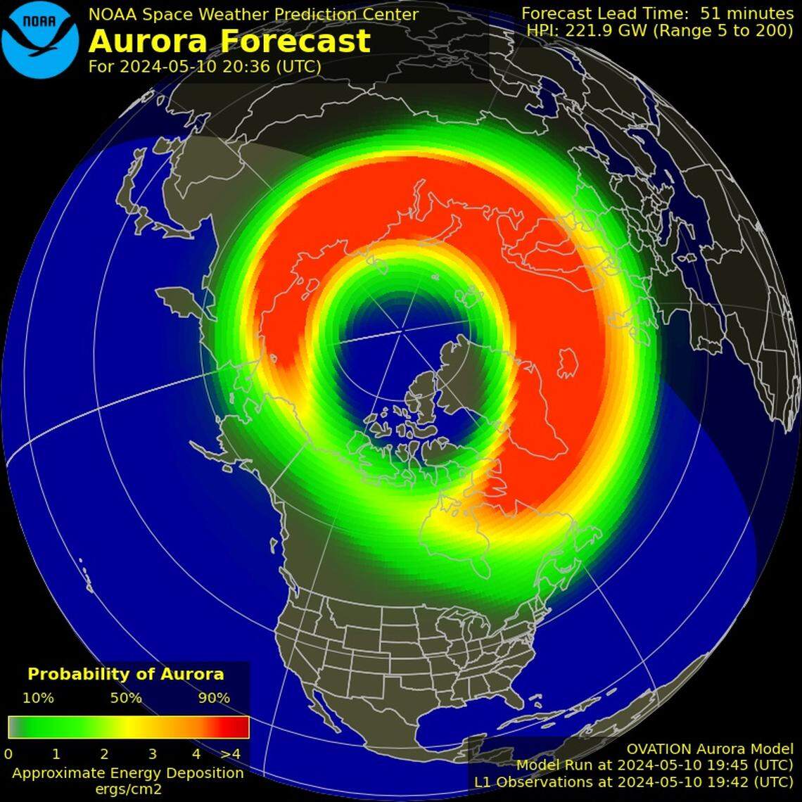 The Space Weather Prediction Center issues aurora forecasts for the northern and southern hemispheres, which project out up to 90 minutes at a time based on current solar storm conditions. Skies should clear enough Friday night to make the show visible in North Carolina.