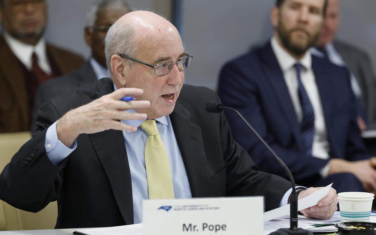 Art Pope, a board member of UNC Board of Governors, speaks against tuition increases during their meeting in Raleigh, N.C., Thursday, Feb. 26, 2026.