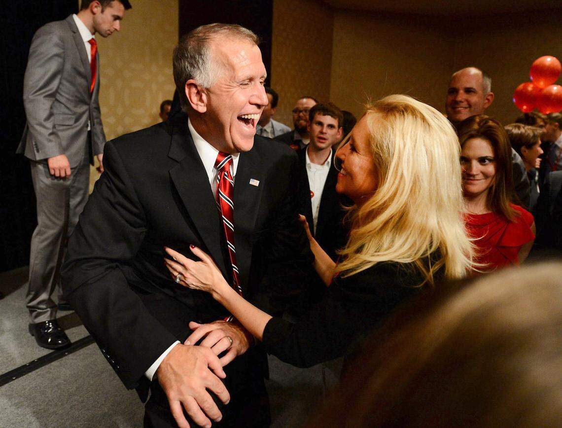 U.S. Senate elect Thom Tillis laughs with staff member Dana Harris following his victory over Kay Hagan for the U.S. Senate on Tuesday, November 4, 2014 at the Omni Hotel in Charlotte, NC.