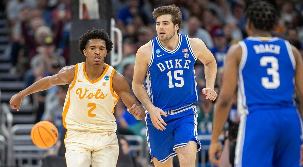 Tennesse’s Julian Phillips (2) reacts after a dunk to give the Volunteers a lead over Duke in the first half during the second round of the NCAA Tournament on Saturday, March 18, 2023 at the Amway Center in Orlando, Fla.