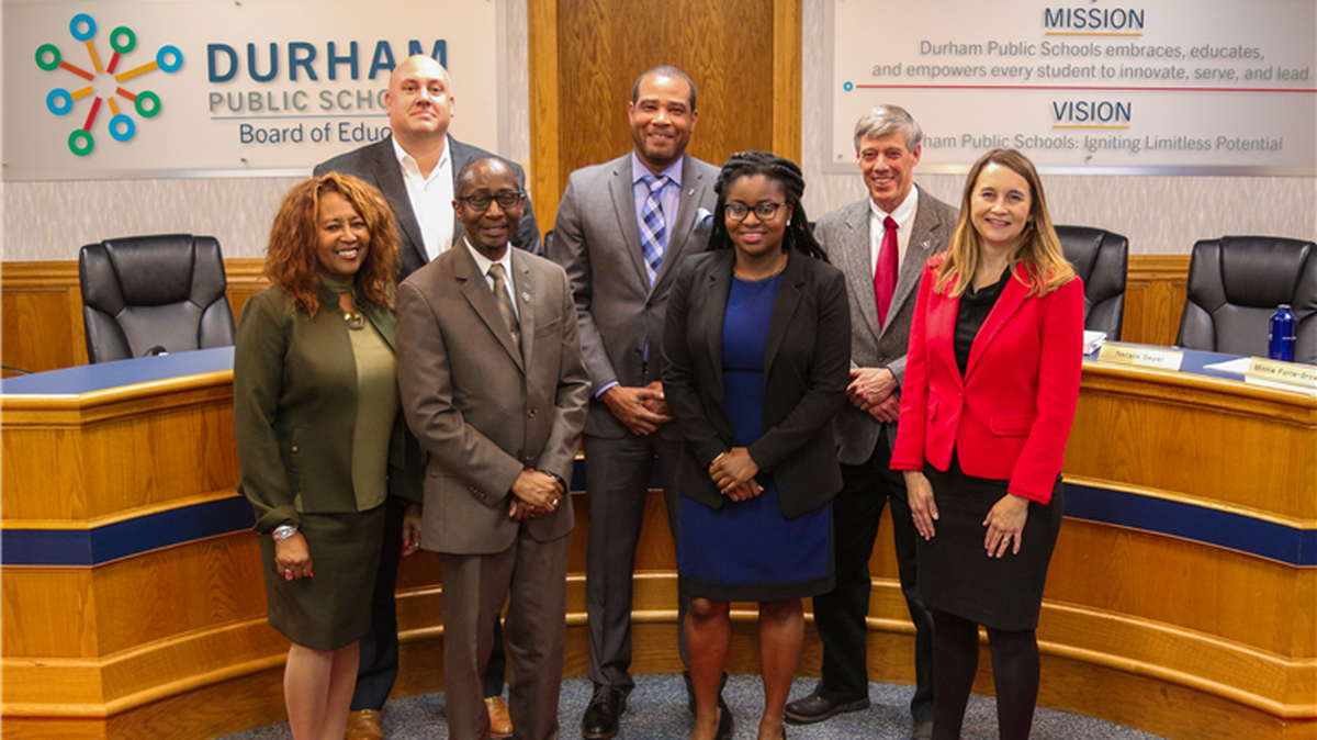 The Durham Public Schools Board of Education wants to create affordable housing for DPS teachers and staff. From left to right: Minnie Forte-Brown, Matt Sears, Xavier Cason, Mike Lee, Bettina Umstead, Steve Unruhe, Natalie Beyer