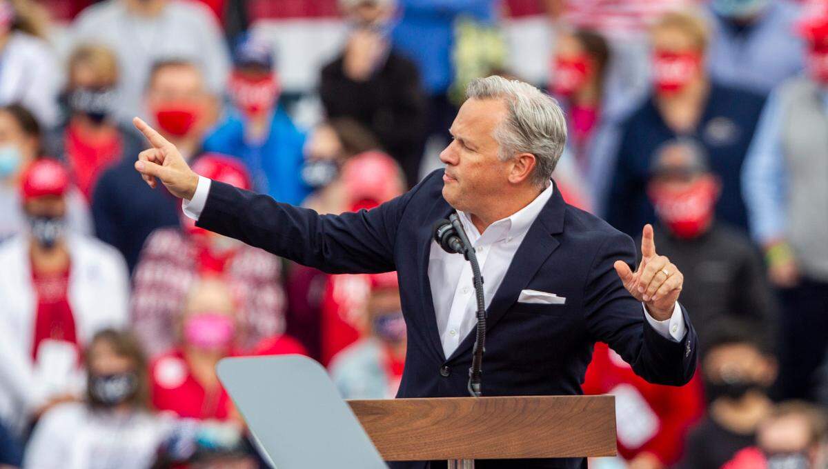 Lt. Gov. Dan Forest speaks during a campaign rally for President Donald Trump at the Fayetteville Regional Airport Saturday, Sept. 19, 2020.