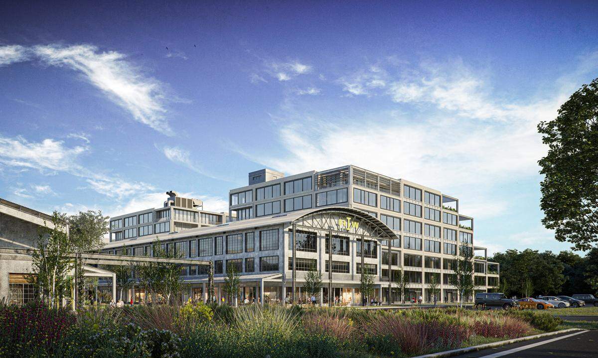 A conceptual rendering of the Raleigh Iron Works development showing the ground level view of the project.