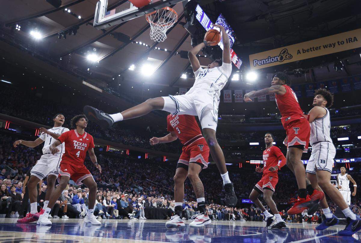 Duke’s Patrick Ngongba II (21) shoots during Texas Tech’s 82-81 victory over Duke in the SentinelOne Classic at Madison Square Garden in New York City, N.Y., Saturday, Dec. 20, 2025.