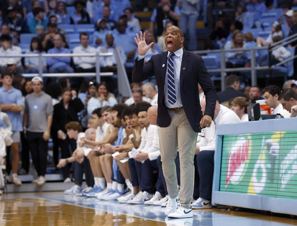 North Carolina head coach Hubert Davis gives instructions during the first half of the Tar Heels’ exhibition game against Winston-Salem State on Wednesday, Oct. 29, 2025, at the Smith Center in Chapel Hill, N.C.