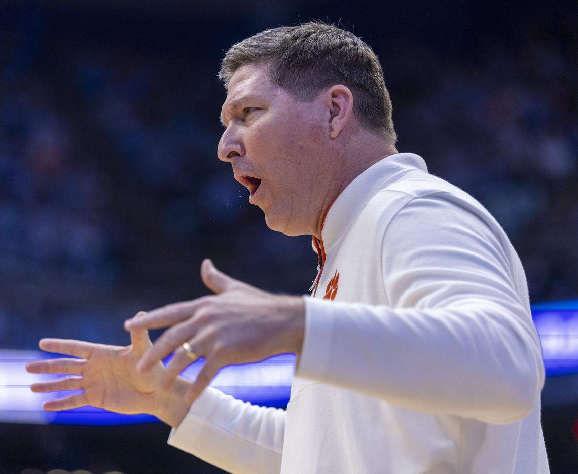 Clemson coach Brad Brownell directs his team on defense in the first half against North Carolina on Tuesday, March 3, 2026 at the Smith Center in Chapel Hill, N