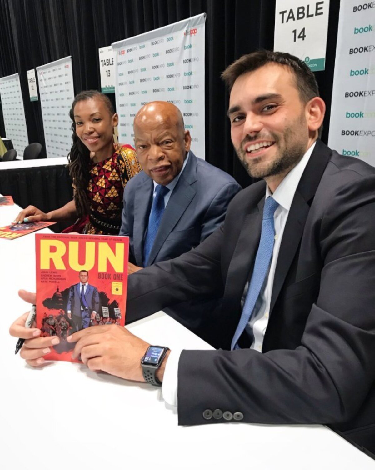 Afua Richardson, left, first met the civil rights leader and Georgia congressman John Lewis, center, in June, when they were on a panel at Bookcon in New York City. Co-writer of “Run” Andrew Aydin, far right, also attended the event.
