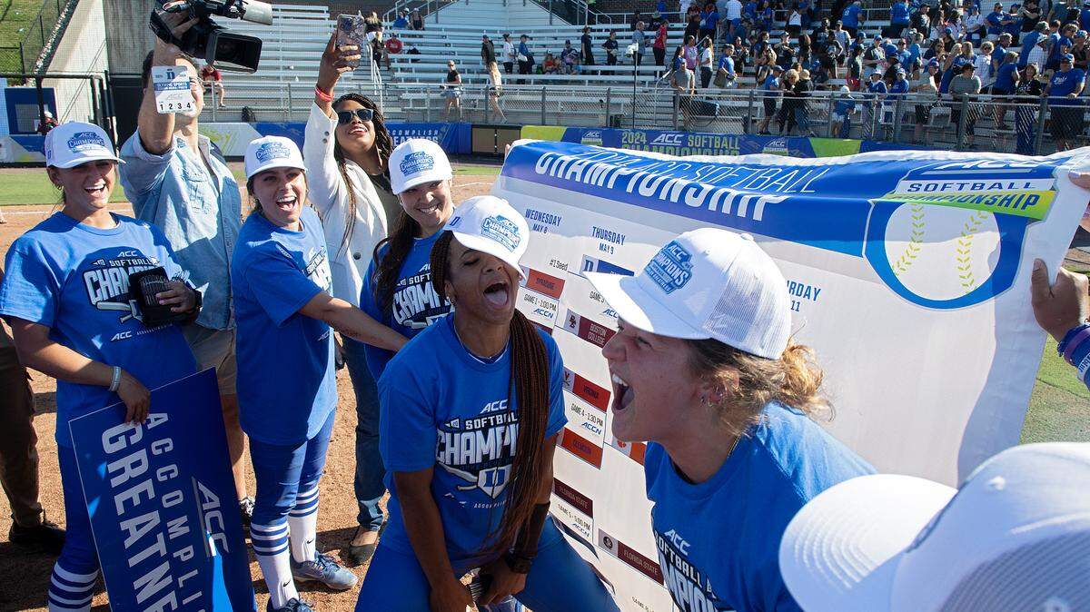 Duke celebrates after filling in the champion slot of an ACC Tournament bracket following the Blue Devils’ 6-3 win over Florida State on Saturday, May 11, 2024, in Durham, N.C.