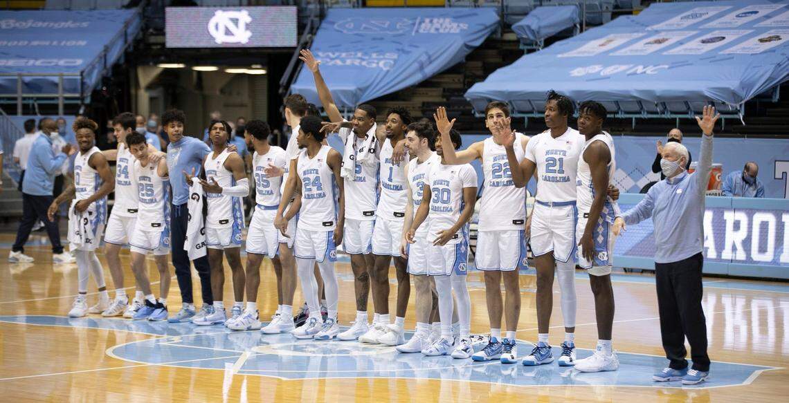 North Carolina coach Roy Williams and his team addresses the fans after the Tar HeelsÕ 91-73 victory over Duke on Saturday, March 6, 2021 at the Smith Center in Chapel Hill, N.C.
