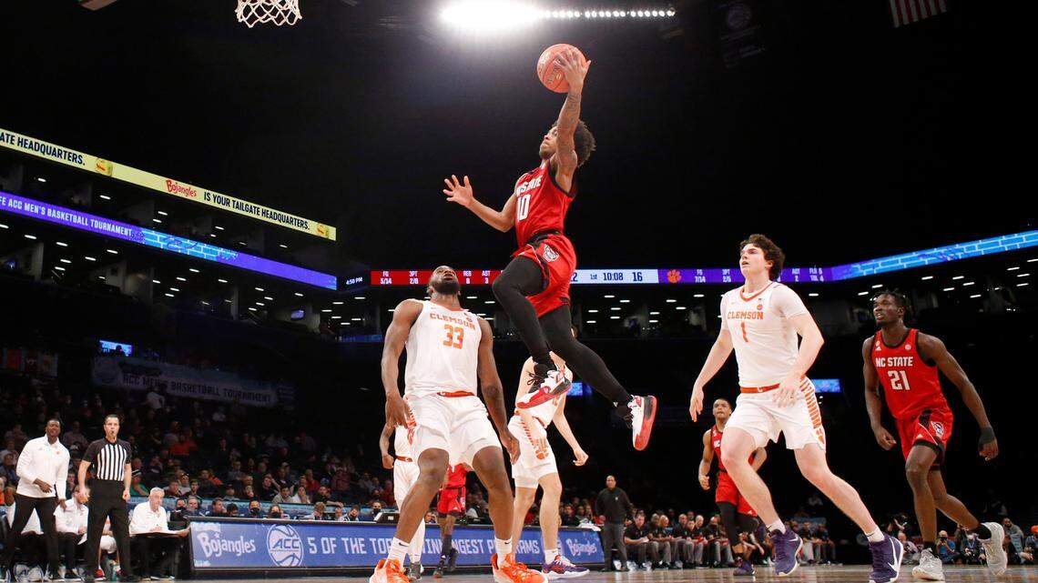 N.C. State’s Breon Pass (10) heads to the basket during Clemson’s 70-64 victory over N.C. State in the first round of the ACC men’s basketball tournament at the Barclays Center in Brooklyn, N.Y., Tuesday, March 8, 2022.