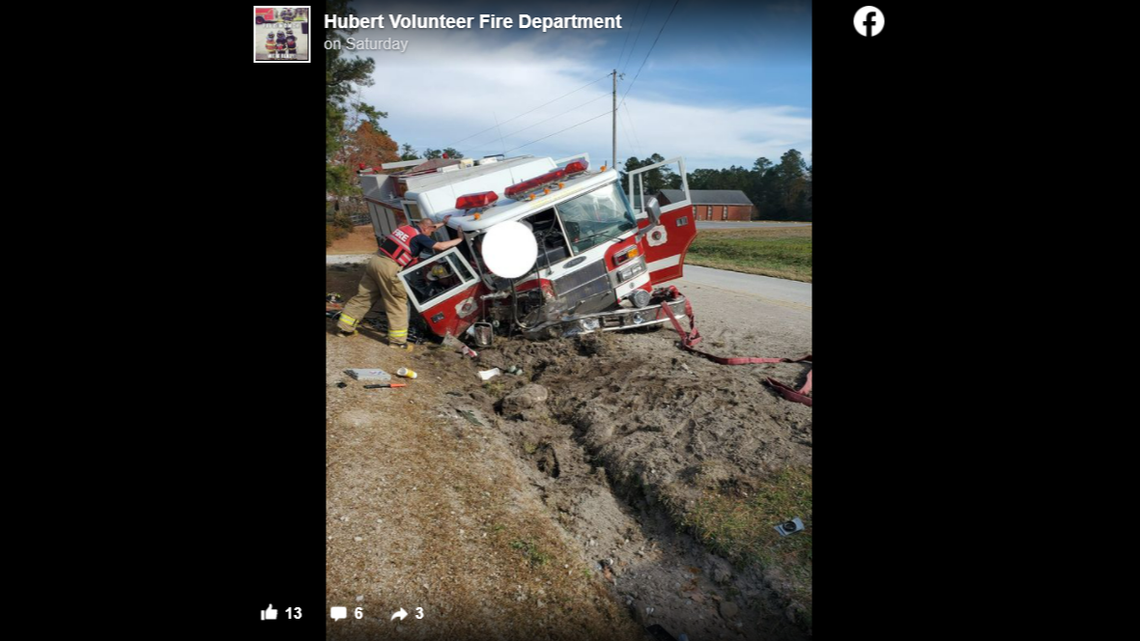 An Onslow County firefighter was injured after a fire truck crashed, officials said.