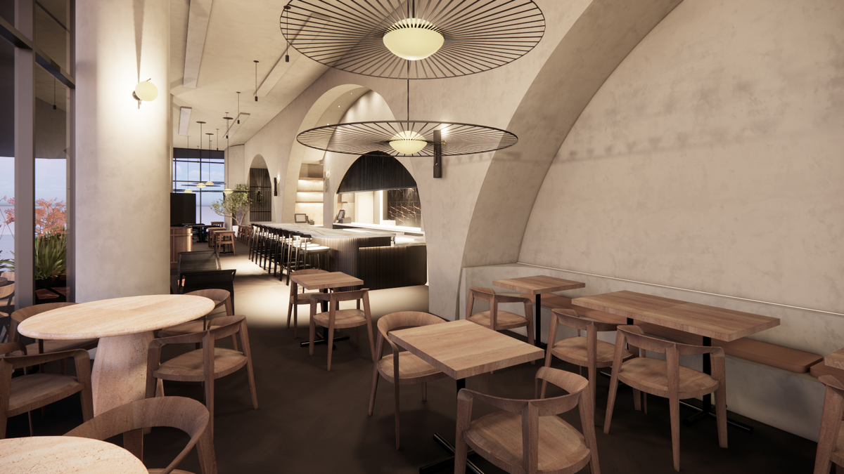 Renderings show Peregrine as a restaurant inspired by the natural textures and colors of Mexico and North Africa.