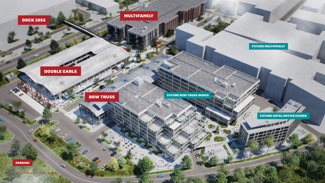 This conceptual rendering of Raleigh Iron Works from 2022 shows a pedestrian bridge over Atlantic Avenue.