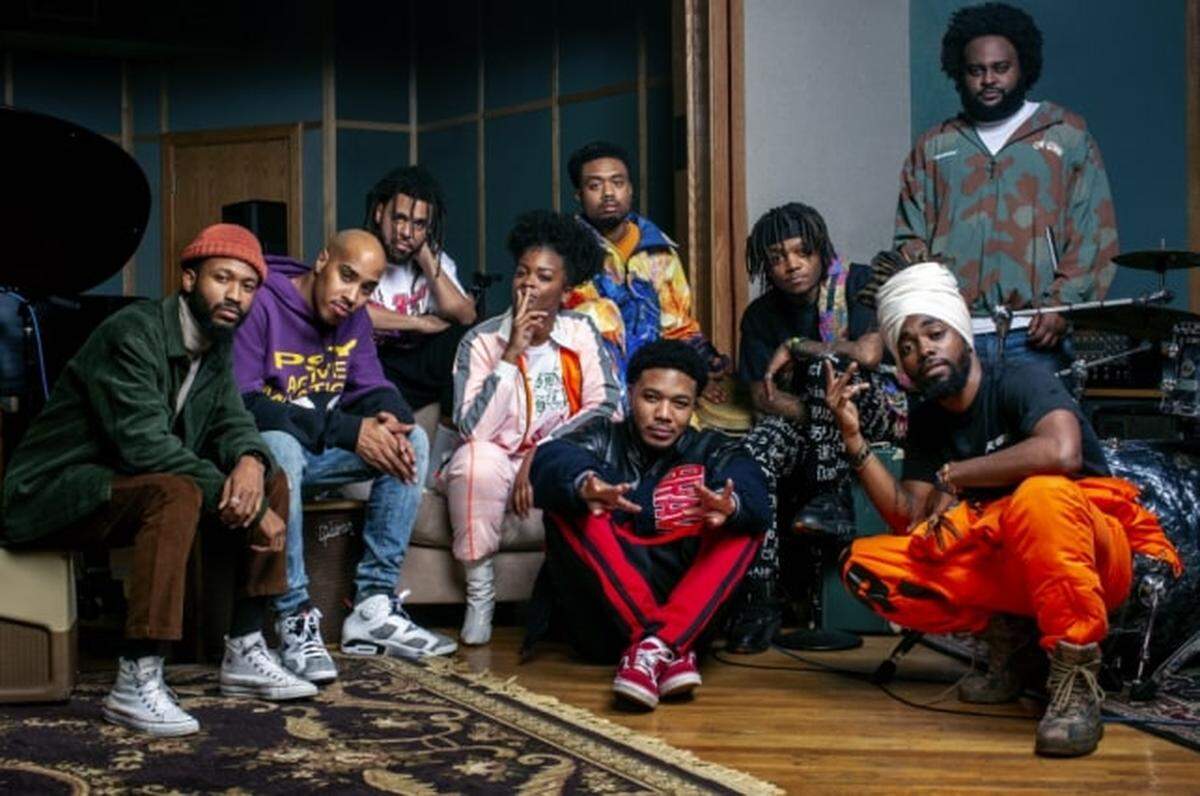 “Revenge of the Dreamers III,” a compilation album of artists on J. Cole’s Dreamville label, features, left to right, Lute, Omen, J. Cole, Ari Lennox, WoWGr8 of EarthGang (above), Cozz (below), J.I.D, Bas (standing) and Olu of EarthGang (kneeling).