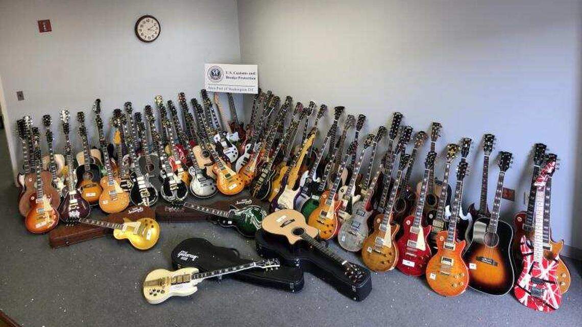 U.S. Customs and Border Protection says officers seized 85 “counterfeit guitars” from Washington Dulles International Airport in Virginia.