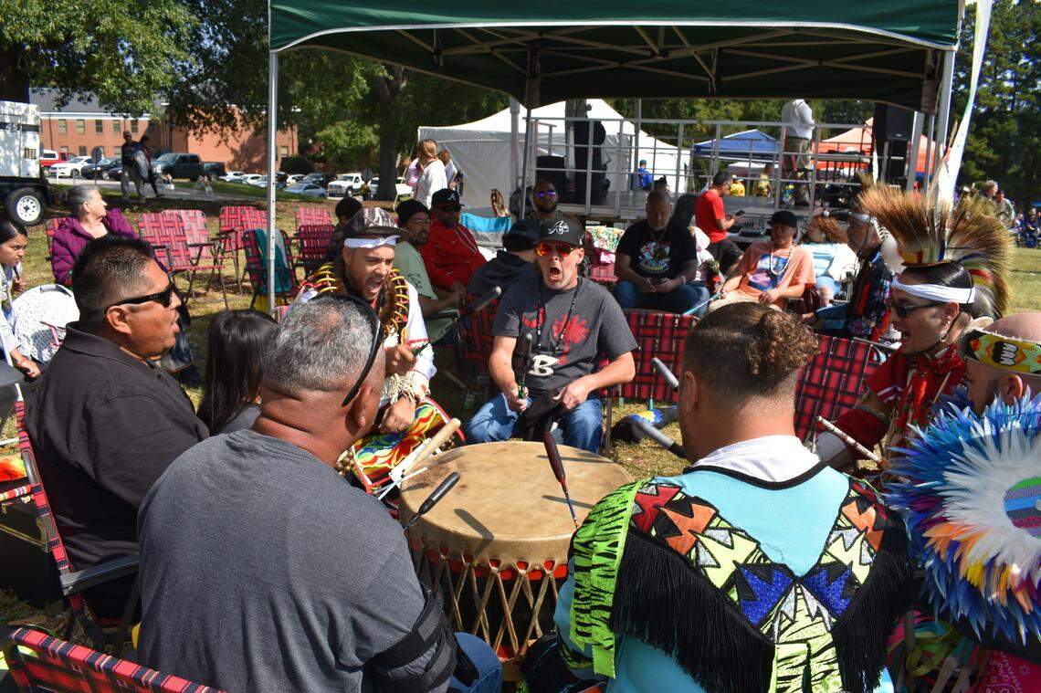 Musicians in a drum circle at the Dix Park Intertribal Pow Wow in Raleigh, NC, on Saturday, Oct. 8, 2022.