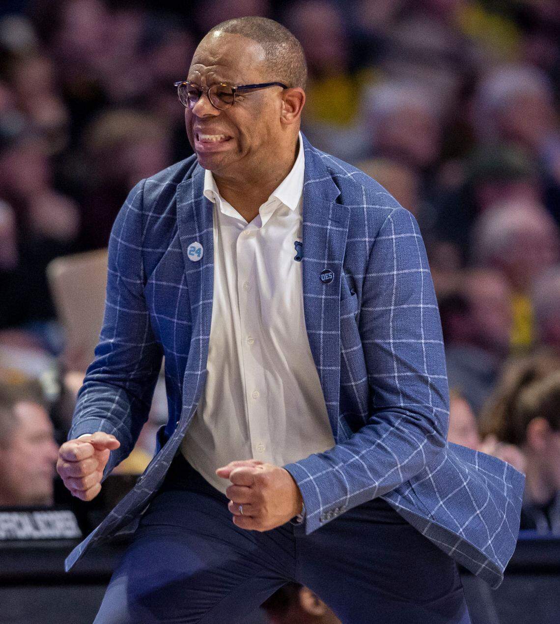 North Carolina coach Hubert Davis reacts to a turnover by his team in the first half against Wake Forest on Tuesday, January 21, 2025 at Lawrence Joel Coliseum in Winston-Salem, N.C.