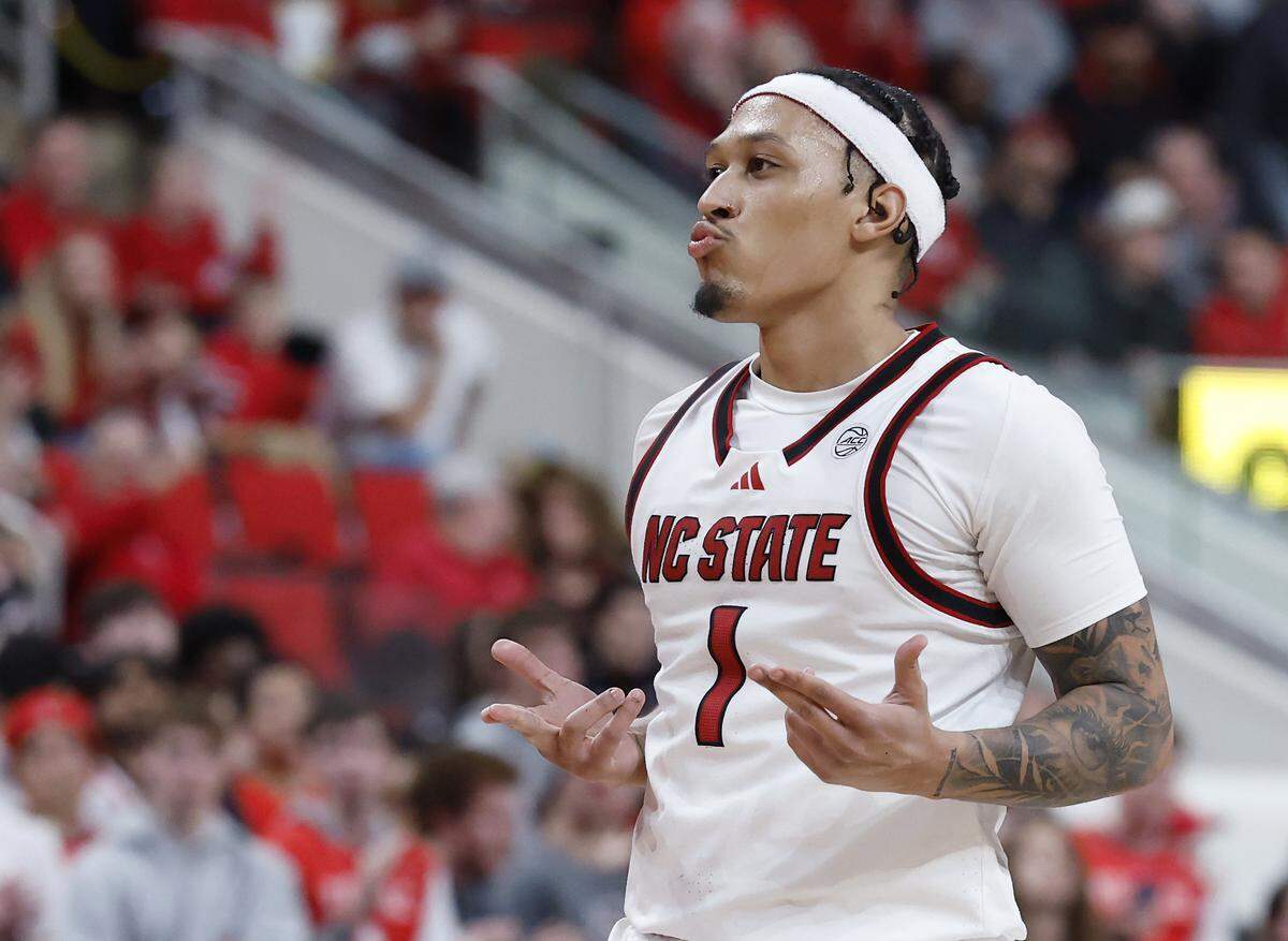 N.C. State’s Darrion Williams reacts after knocking down a basket during the second half of the Wolfpack’s 88-68 win over Syracuse on Tuesday, Jan. 27, 2026, at Lenovo Center in Raleigh, N.C. 
