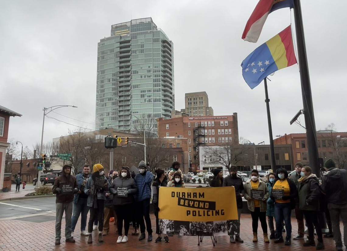 Durham Beyond Policing called for change outside Durham City Hall on Wednesday, February 1, 2023, in the wake of Memphis police’s murder of Tyre Nichols.