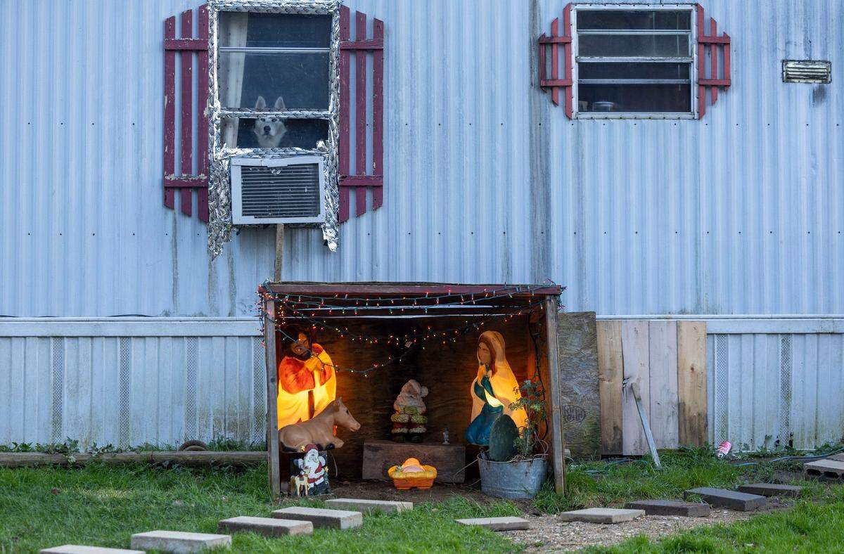 A nativity scene outside a home in the Bradford Park mobile home park on Tuesday, November 26, 2024 in Boone, N.C. Many of the homes in this park were damaged by flooding from Hurricane Helene.