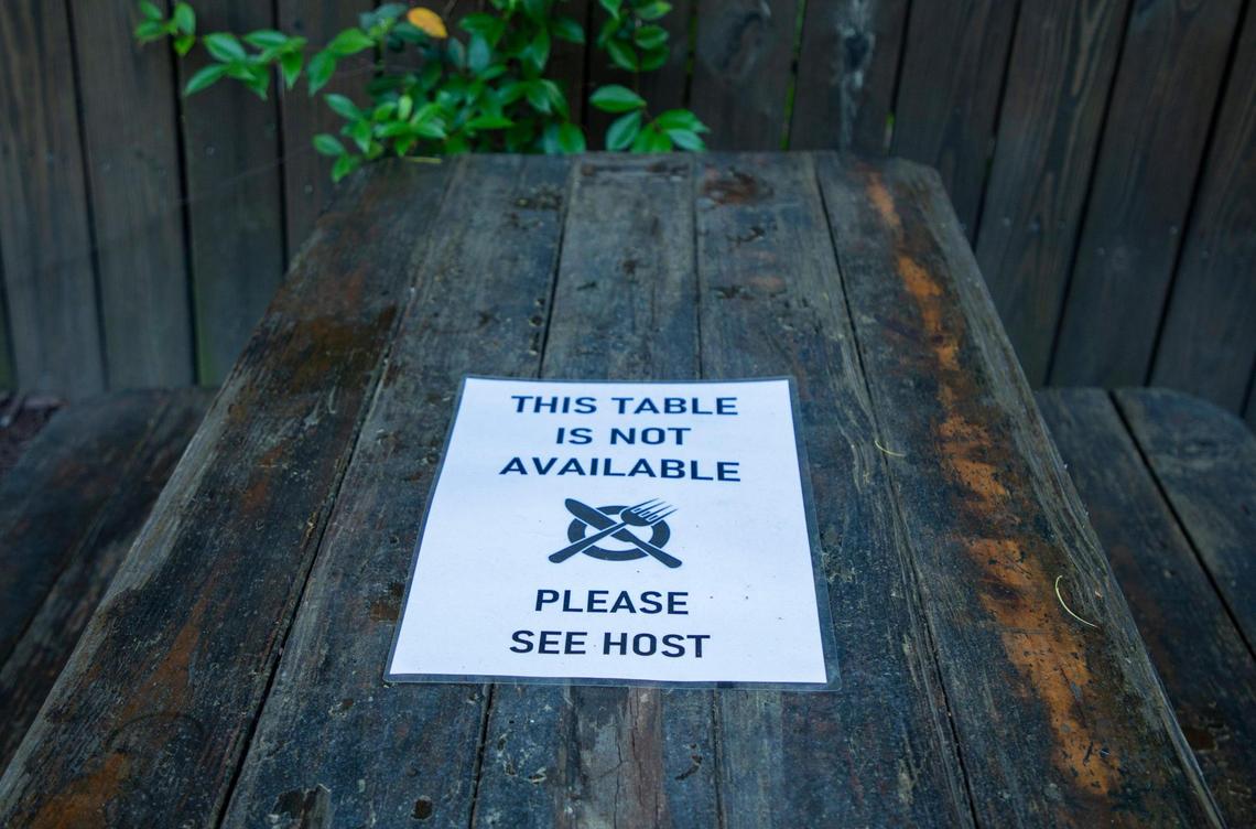 A sign limits seating inside the Raleigh Beer Garden on Glenwood Avenue as restaurants and sidewalks on the popular street fill with patrons, most not wearing masks, some not adhering to social distancing guidelines in place to prevent the spread of COVID-19 under Gov. Roy CooperÕs Phase Two of reopening, on Saturday, Jun. 13, 2020, in Raleigh, N.C.