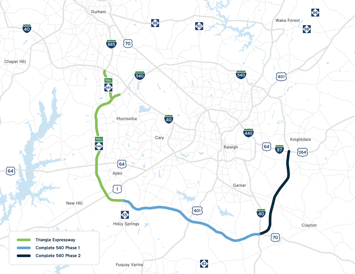 The middle section of the Triangle Expressway, N.C. 540, opened across southern Wake County in September 2024. The final leg, between Interstates 40 and 87 on the east side, is scheduled to be completed in 2028.