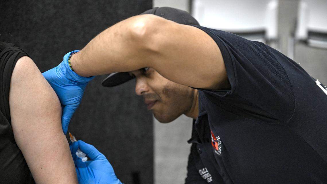 A paramedic administers a dose of the measles vaccine at a health center in Lubbock, Texas, on February 27, 2025.