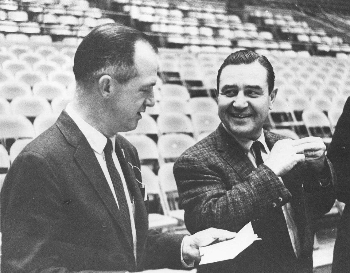 Charlie Harville, left, and ACC TV entrepreneur C.D. Chesley in 1962 in Louisville.