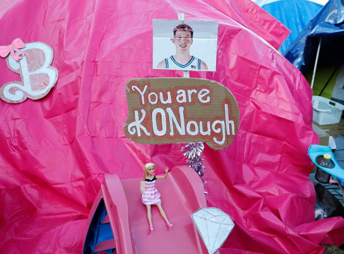 Decorations outside tents in Krzyzewskiville at Duke University in Durham, N.C., Tuesday, Jan. 28, 2025.