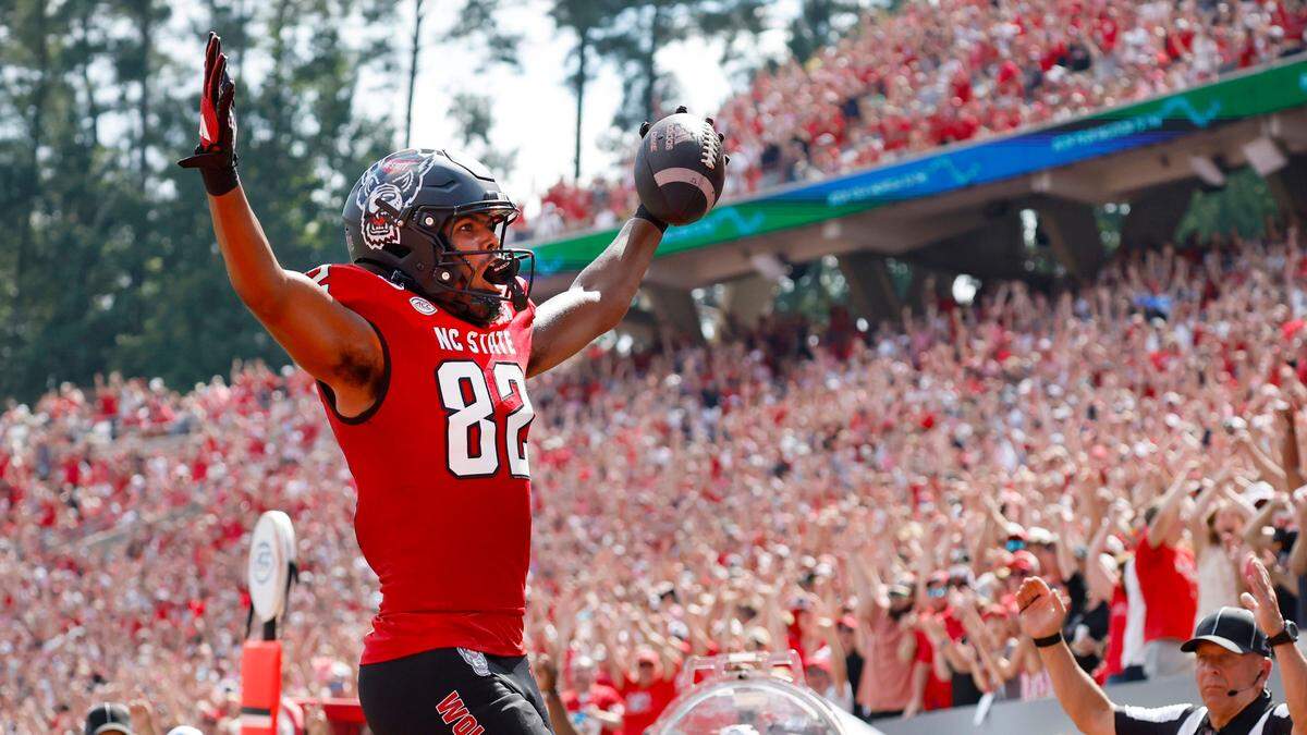 N.C. State wide receiver Keenan Jackson (82) celebrates after making a 9-yard touchdown reception during the first half of N.C. State’s game against Wake Forest at Carter-Finley Stadium in Raleigh, N.C., Saturday, Oct. 5, 2024.