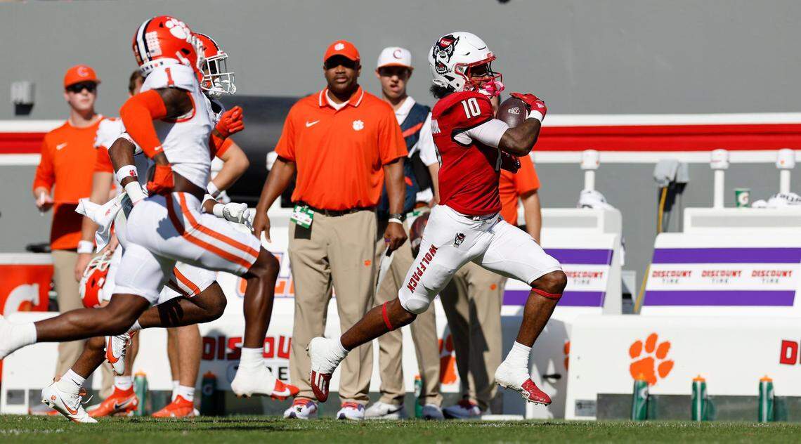 N.C. State wide receiver KC Concepcion (10) runs for 50-yards during the first half of N.C. State’s game against Clemson at Carter-Finley Stadium in Raleigh, N.C., Saturday, Oct. 28, 2023.